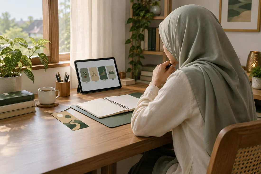 Seorang Muslimah memulai sesi belajar di meja dengan tablet dan buku catatan