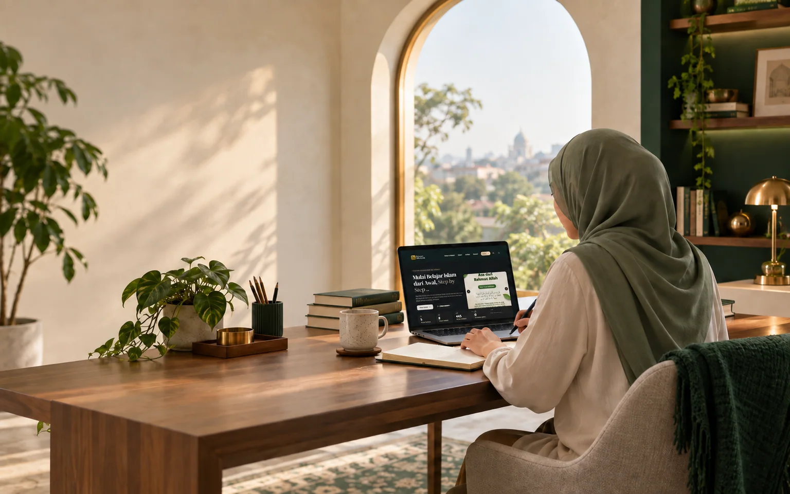 Seorang pembelajar membuka website StartMuslim melalui laptop di ruang belajar